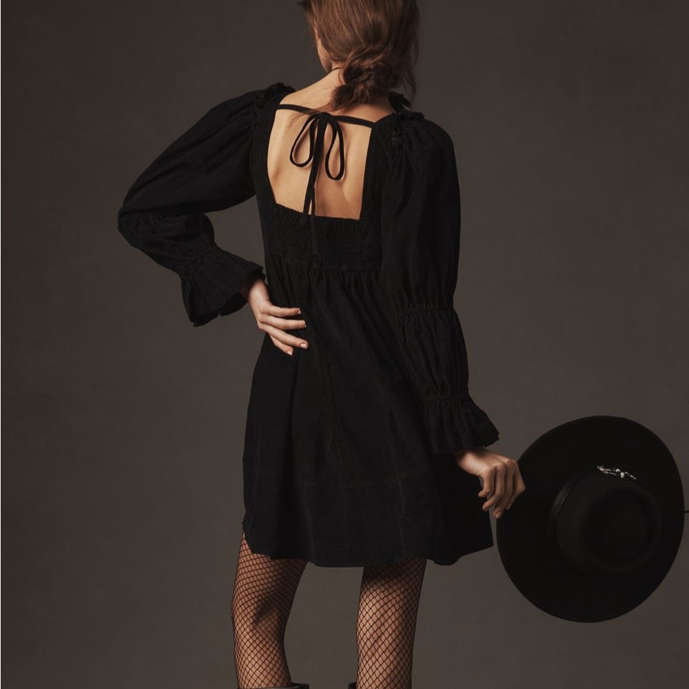 Square Neck Black Corduroy Mini Dress - image 3